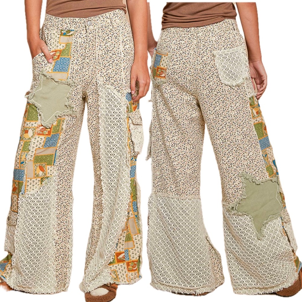 POL Boho Wide-Leg Pants with crochet and patchwork detail